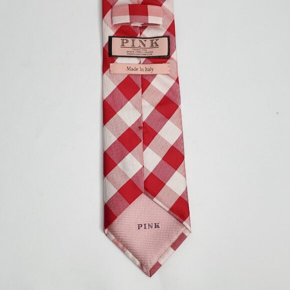Thomas Pink Silk Tie Red White Plaid Check Italy - Picture 3 of 4